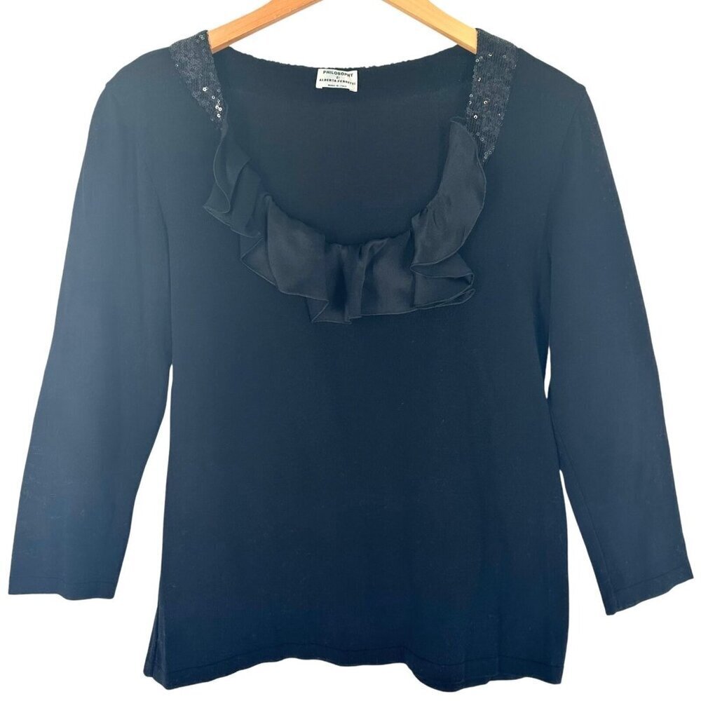 Philosophy di Alberta Ferretti Black Knit Satin Ruffle Scoop Neck Top Size L